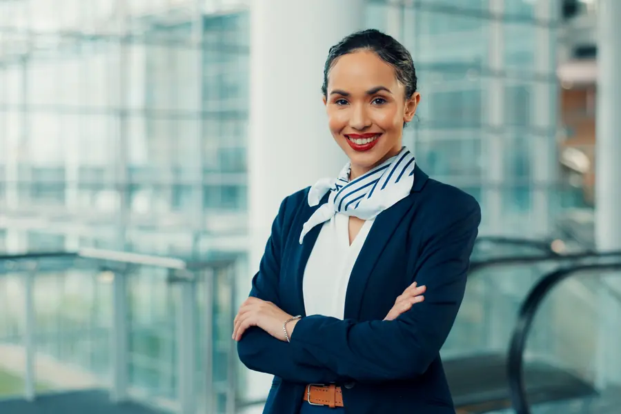 Auxiliar de aeropuerto sonriente en la terminal